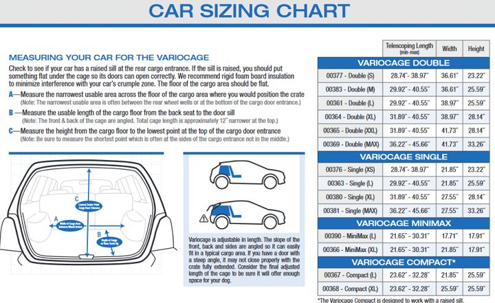 Variocage Dog Crate Car Sizing Chart